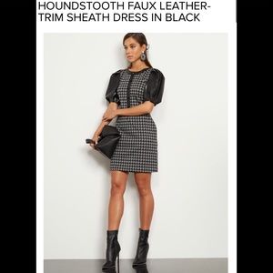 Houndstooth faux leather trim sheath black dress